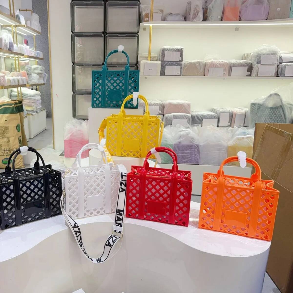 Adult Hollow Vegetable Basket Unisex Forest Candy Color PVC Shoulder Large Capacity Wide Strap Transparent Tote Bag Handbag
