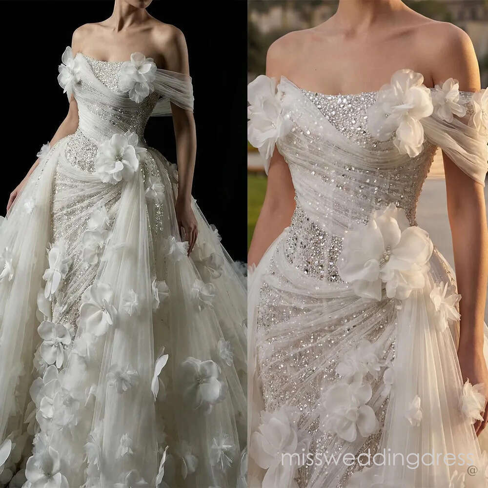 Romantic 3D Floral Wedding Dresses Crystal Mermaid Bridal Gowns with Overskirts Pearls Flowers Customized Vestidos De Novia Plus Size