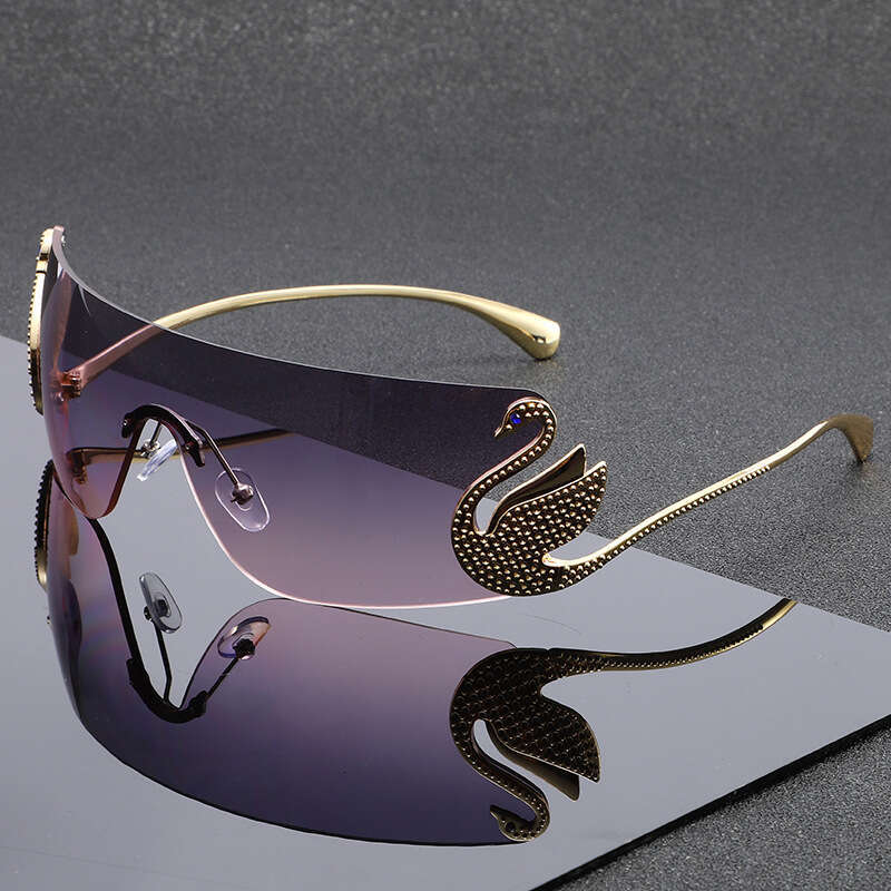 Fashion Diamond-Embellished Swan-Ear Sunglasses, Personalized Women's Sun Protection Versatile Rimless One-Piece Glasses