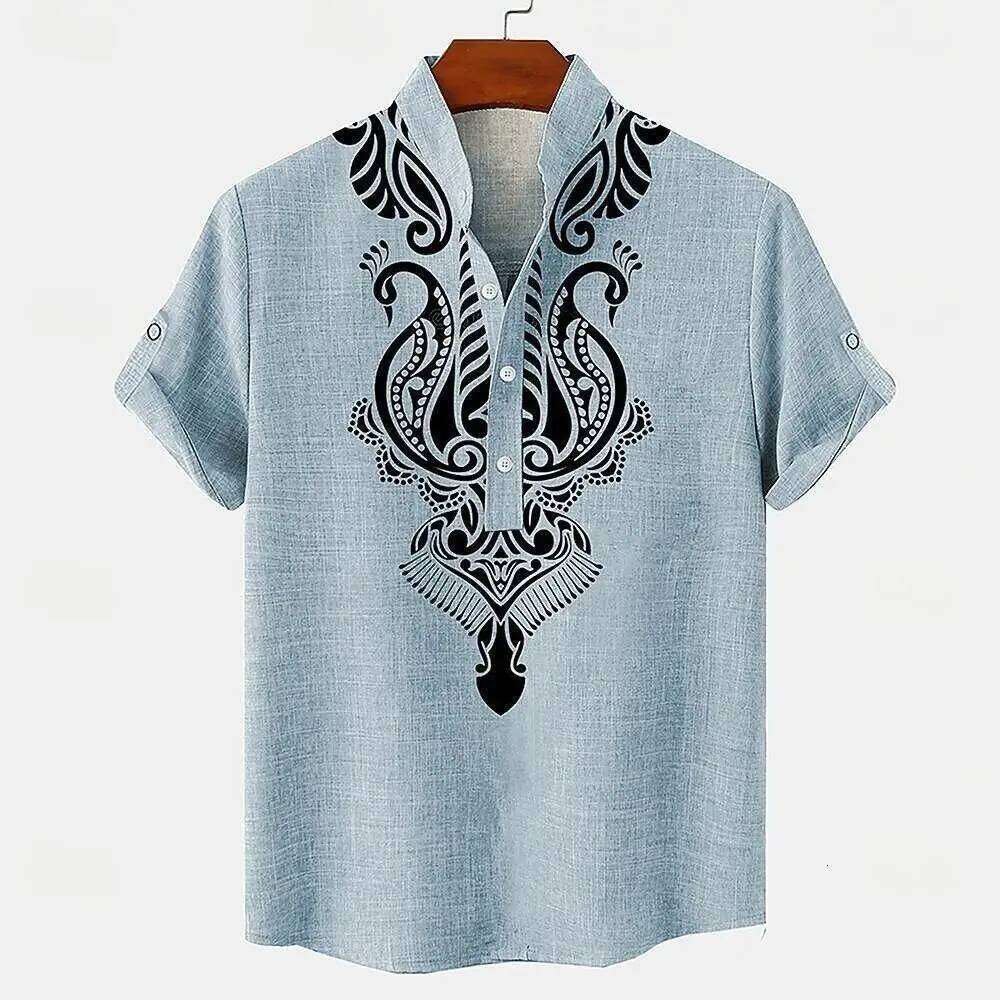 Digital printed retro pattern, fashionable trend, street outdoor, high-quality and comfortable linen men's short sleeved shirt