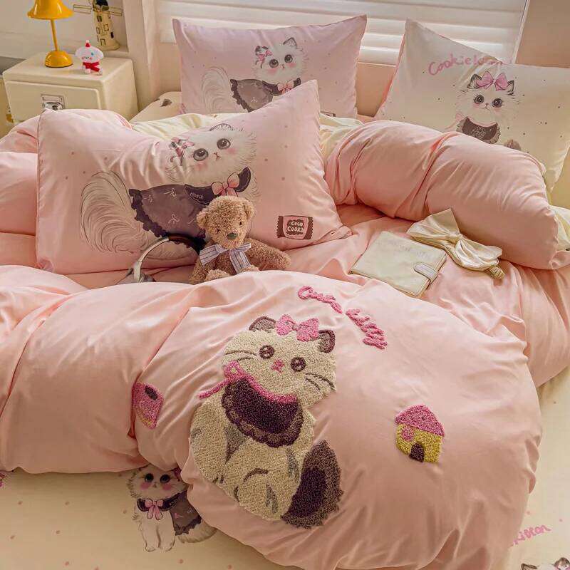 Cute Pink Cartoon Cat Towel Embroidery Girls Kids Bedding Soft Washed Cotton Duvet Covers Set Bed Sheet Pillowcases 3/4Pcs H260312