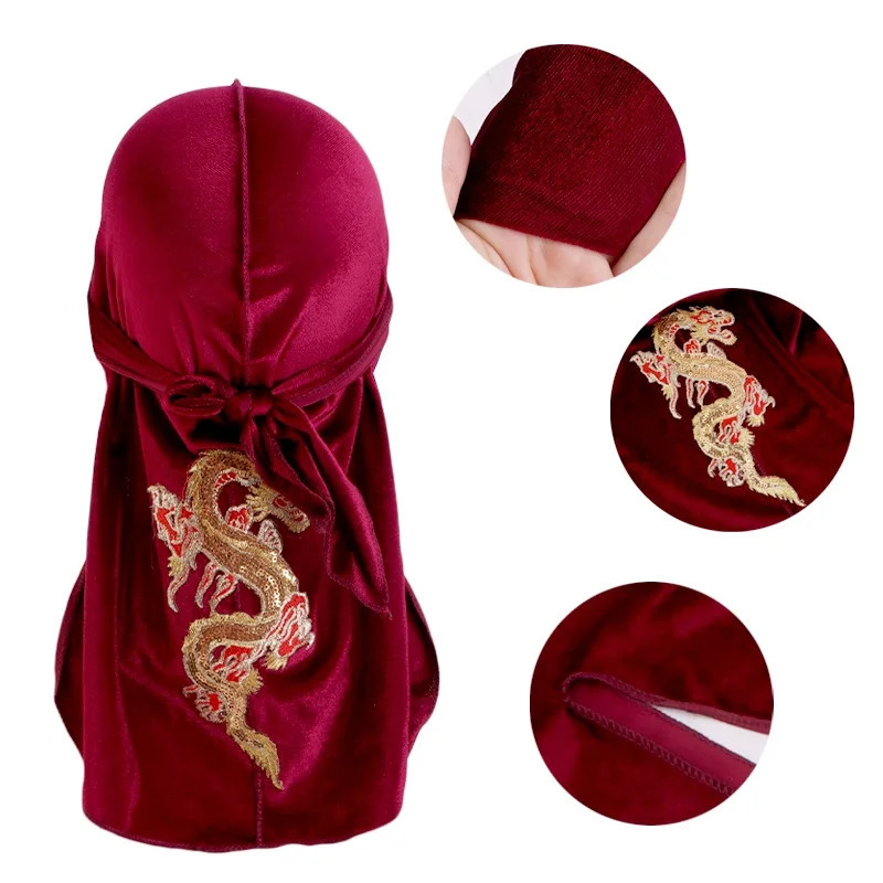 Mens Dragon Pattern Velvet Durags Bandanas Headwear DuRag Turban Hat Headband Breathable Head Wraps With Long Tail 260304