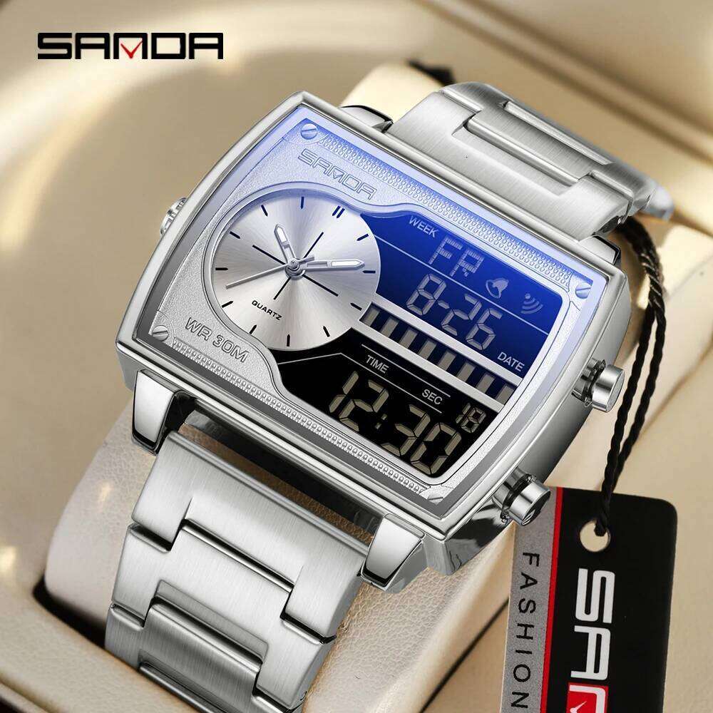 SANDA Top Brand Quartz Fashion Square Watch Men's Countdown Sports Waterproof Dual Display LED Digital Watches
