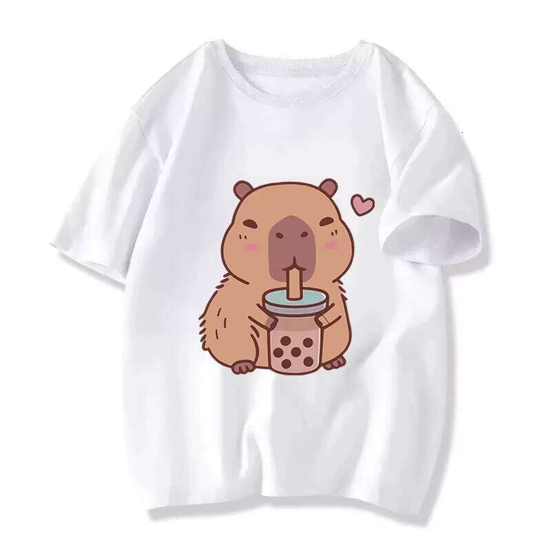 2025 Funny Capybara with Turtle Loves Bubble Milk Tea Printed T Girls/Boys Kawaii Kids Clothes Harajuku Shirt Tops Z260312