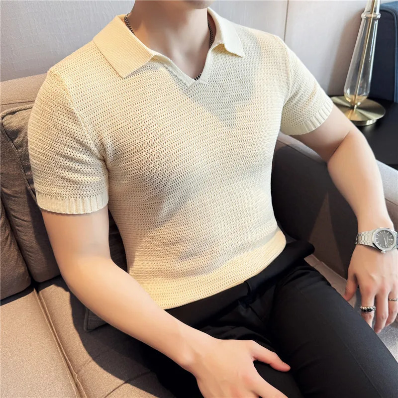 Men Knitted Polo Shirt Short Sleeved Summer Light Thin Hollow Solid Casual Top Elastic Slim Fit V-neck T-shirt Men Clothing 260311