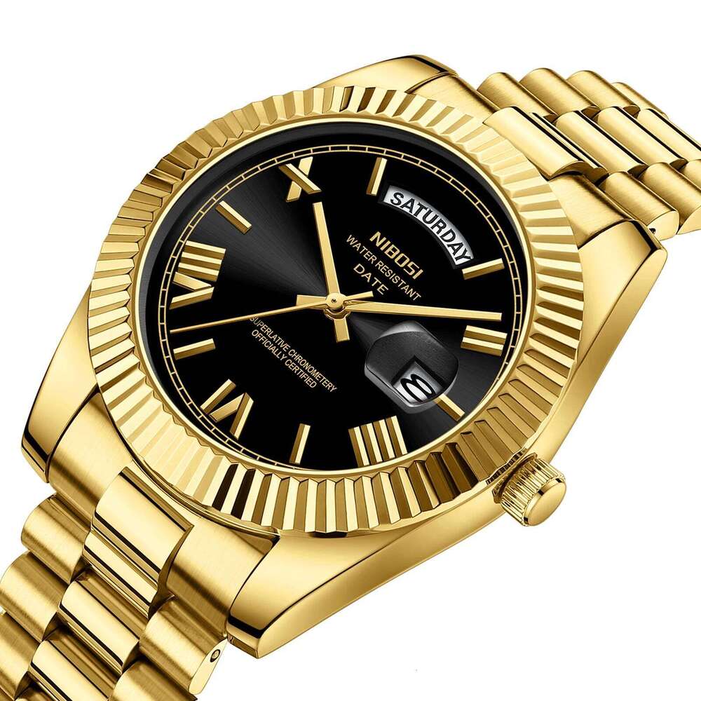 NIBOSI Gold Quartz for Date Week Fashion Watches Stainless Steel Waterproof Luminous Luxury Men Watch Reloj Hombre