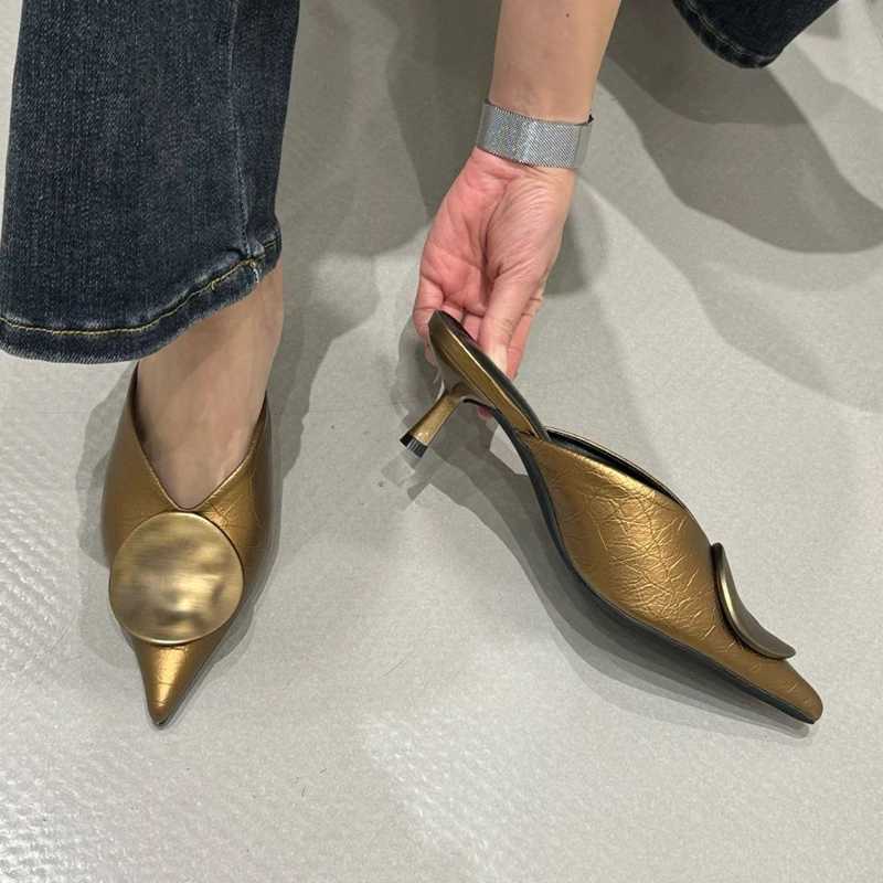 SUOJIALUN 2026 Spring New Women Slipper FAshion Pointed Toe Shallow Slip on Mules Shoes Metal Outdoor Dress Slides K260312
