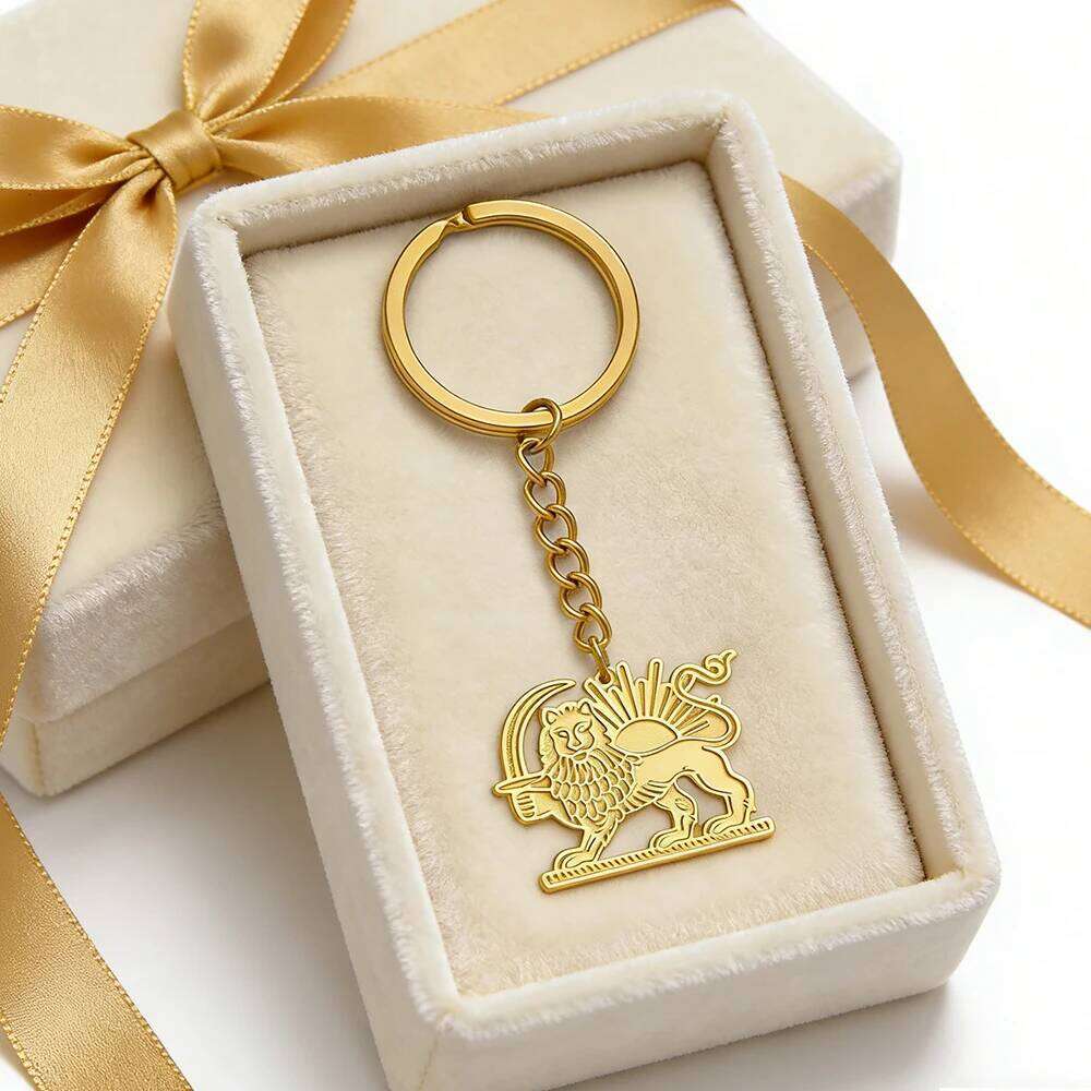 Skyrim Iran Persian Lion Sun Keychain Stainless Steel Gold Color Keyring Key Chains Bag Accessories Gift for Women Men