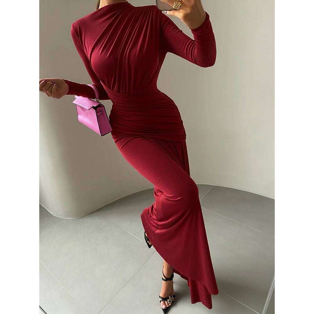 Nibber Folds Maxi Dress Women o-Neck Full Sleeve Solid Banquet Elegant Vacation Fashion Autumn Skinny Casual Simple Vestidos C260312
