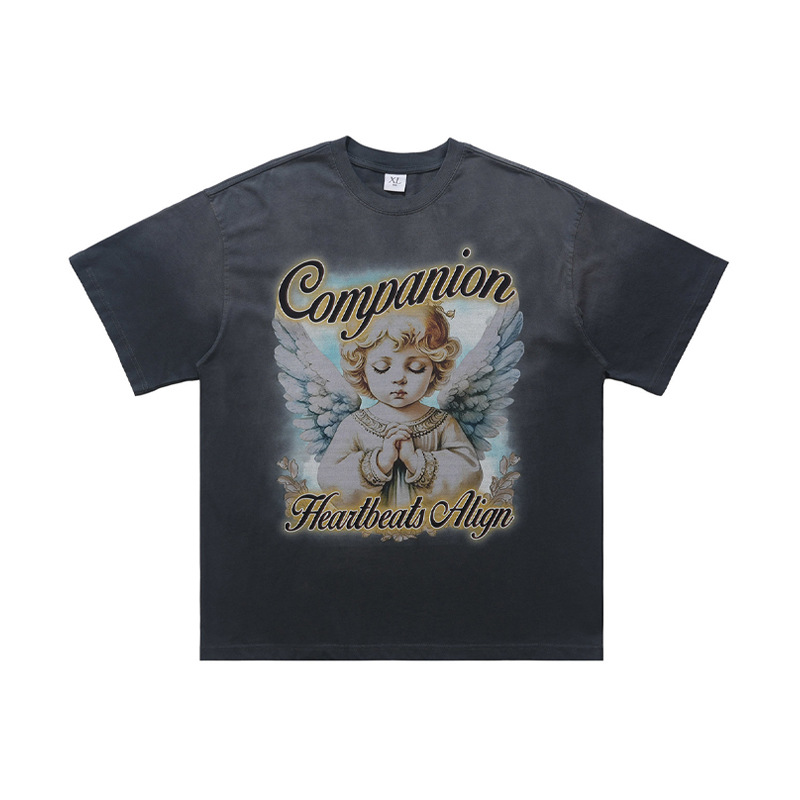 American streetwear brand distressed washed English prayer-themed angel child print T-shirt