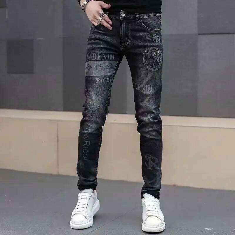 End Stylish Classic Distinctive Printed Black Jeans for Men High Quality Slim Fit Stretch Luxury Denim Pants 26Y0312