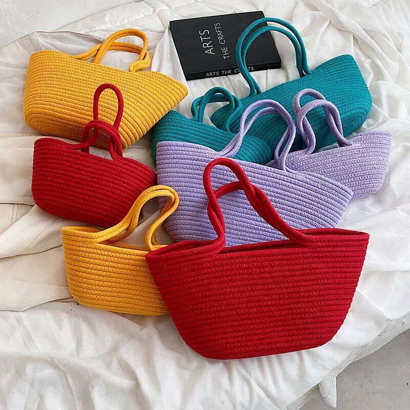 New Summer Straw Shoulder For Women Handmade Cotton Rope Beach Raffia Rattan Woven Handbags Vacation Shopping Bags WONST