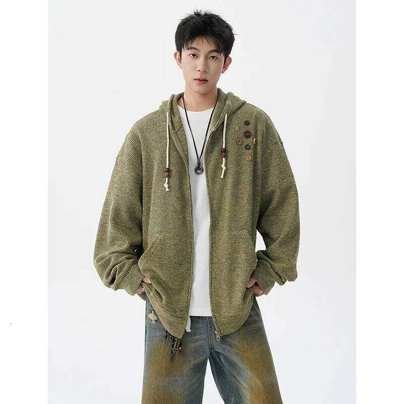 Men Japanese Retro Waffle Knit Hoodie Cardigan Wooden Button Decor Oversized Zipper Front Autumn Casual Outerwear