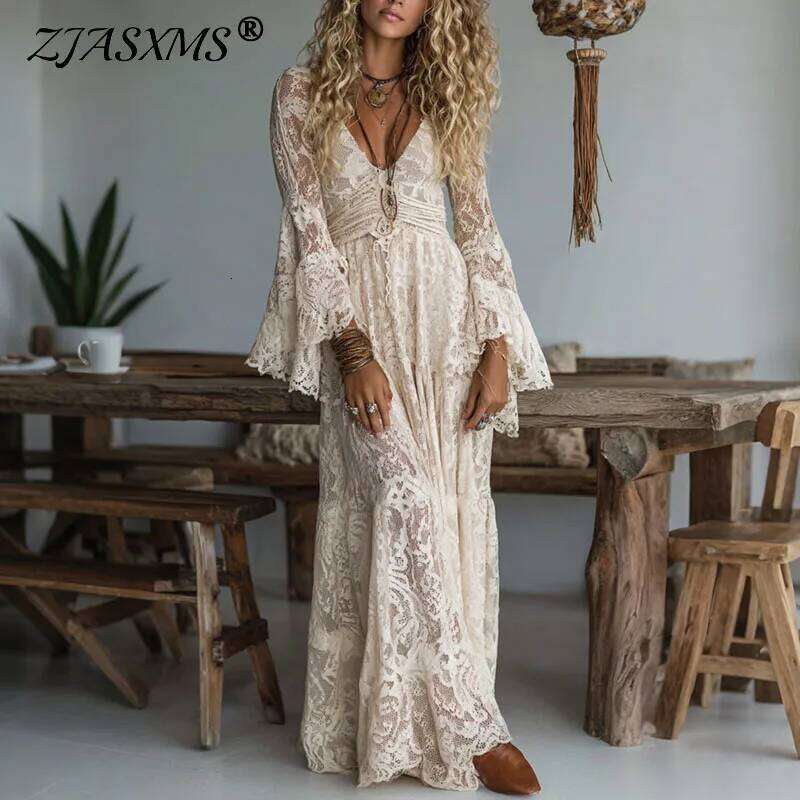 New Deep V Neck Embroidery Lace Woman Spring Hollow Out High Waist Crochet Dresses Autumn Flare Sleeve Jacquard Long Dress C260311
