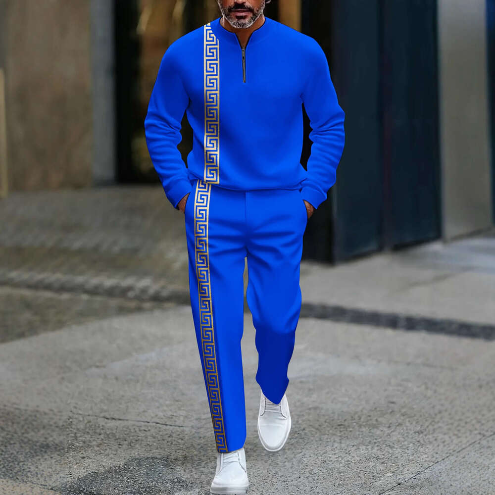 2025 European And American Amazon New Half-Open Zipper Pullover Casual Fashion Men's Sleeve Long Pants Set