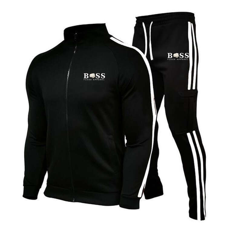 New Men's Cardigan Stand-up Collar Sports Suit, ports and casual zipper splicing pants two-piece set, Casual Slim-fit Running Sports Set