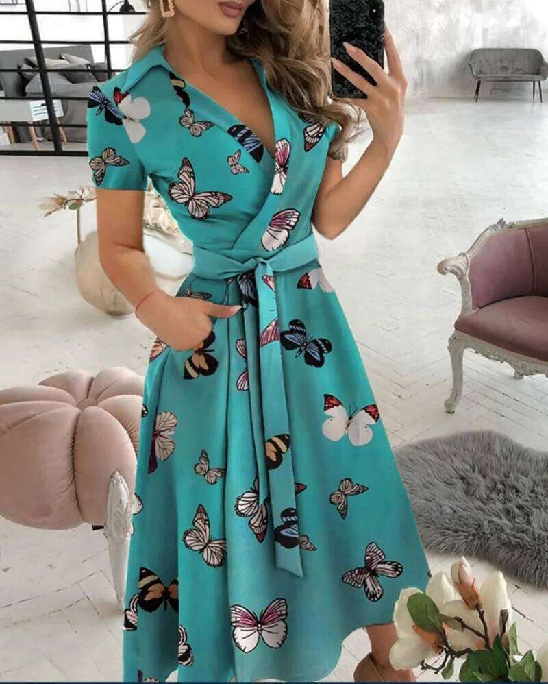 Rainbow Striped Print Summer 2023 Women Button Up Short Sleeve Casual Vintage Shirt Long Dress Ladies Elegant Maxi Dresses C260312