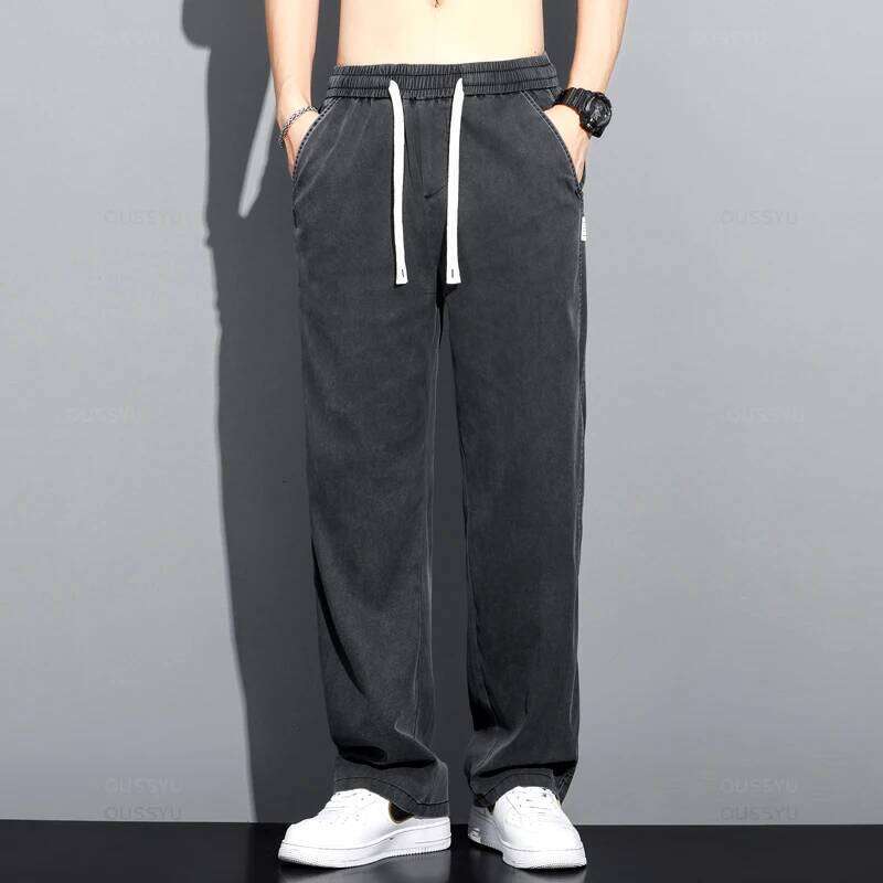 Summer Thin Soft Lyocell Fabric Jeans Men Loose Straight Wide Leg Pants Drawstring Elastic Waist Casual Trousers Plus Size M-5XL 26Y0312