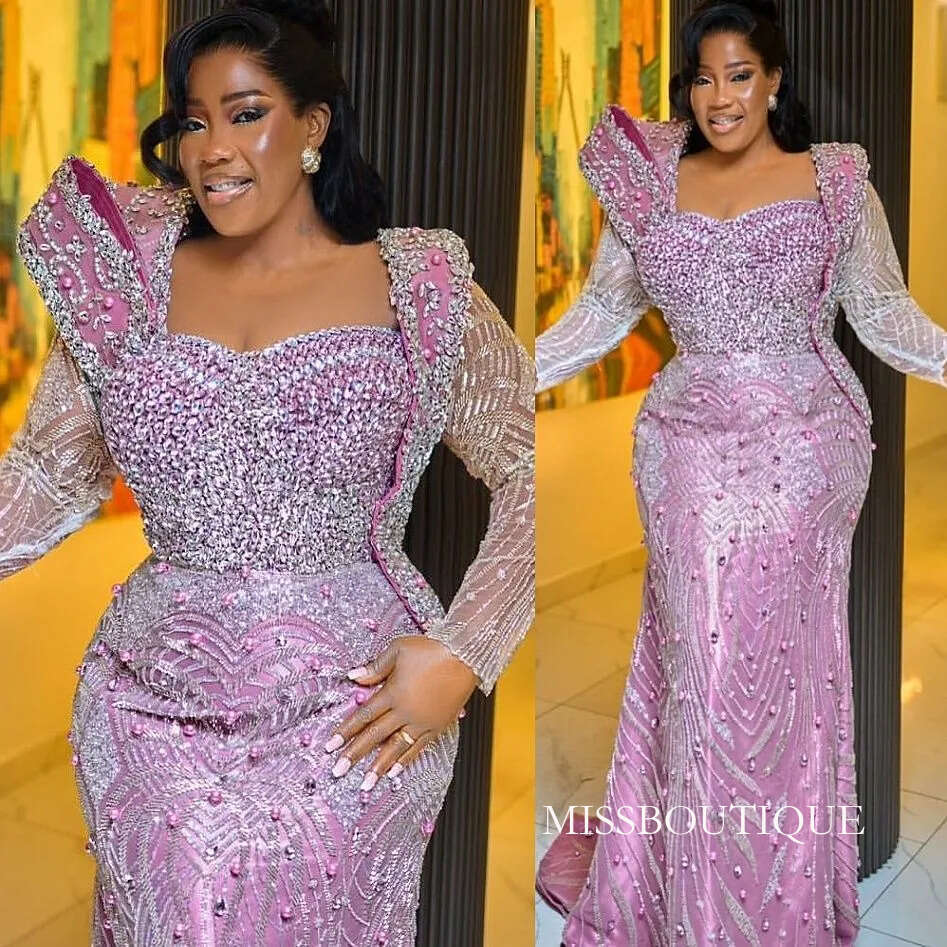 Aso Ebi Pink Dress 2026 Mermaid Prom Pearls Crystals Full Sleeves Evening For Black Women Birthday Party Formal Receiption Gowns Dresses M07 B0312