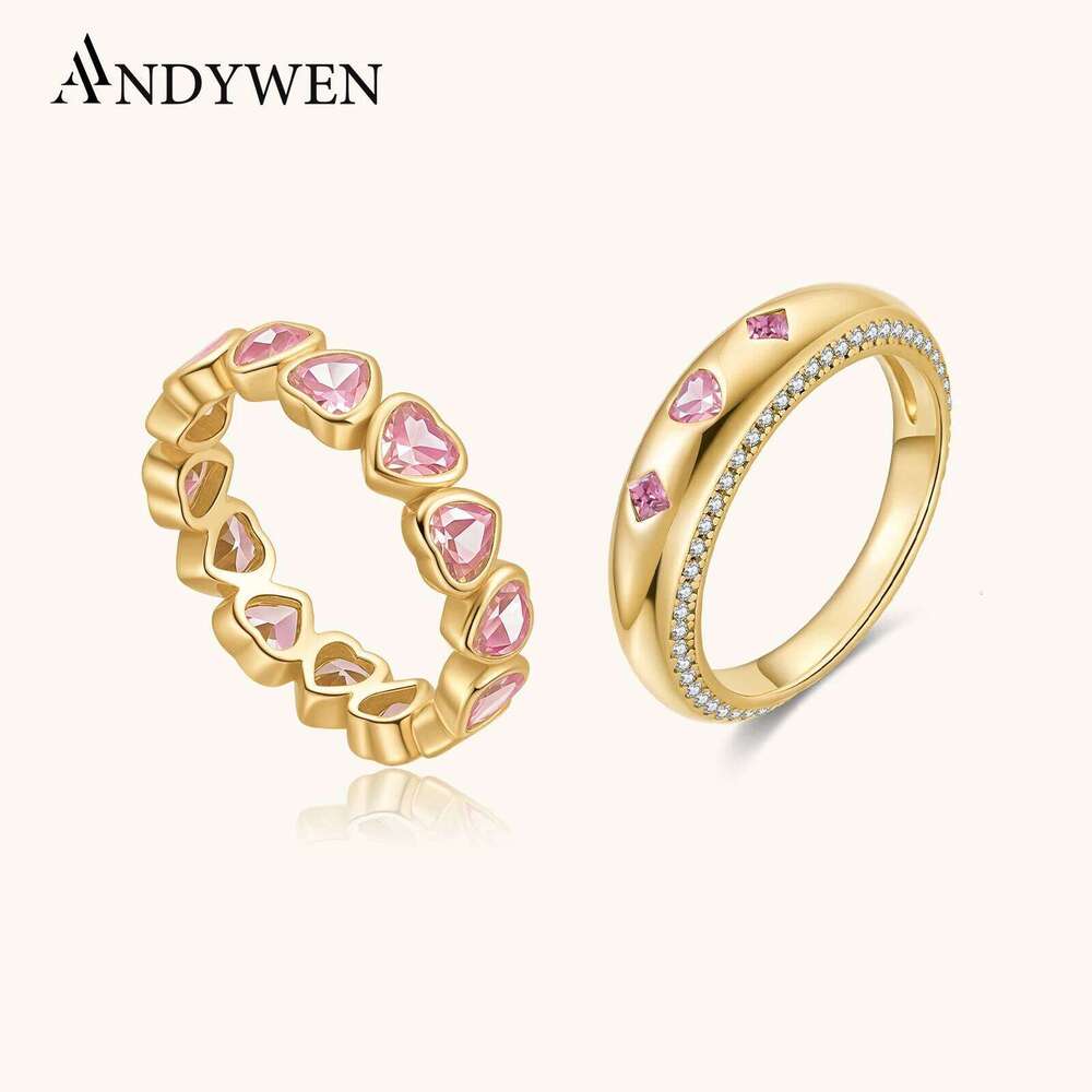 ANDYWEN 925 Sterling Silver Sweetheart Pink Zircon Ring Set Stackable Promise Rings Romantic Valentine Women Gift H260312