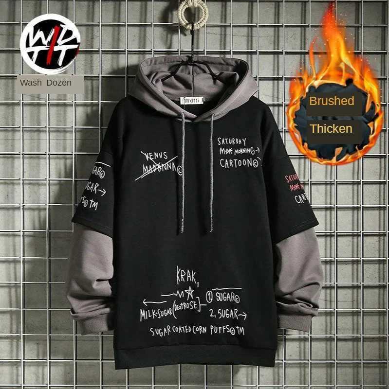 Spring /Autumn Mens Sweater Retro Mock Two-Piece Hooded Korean Hip Hop Print Sweatshirt Loose Hoodie Male Fleece Padded Jacket M260312