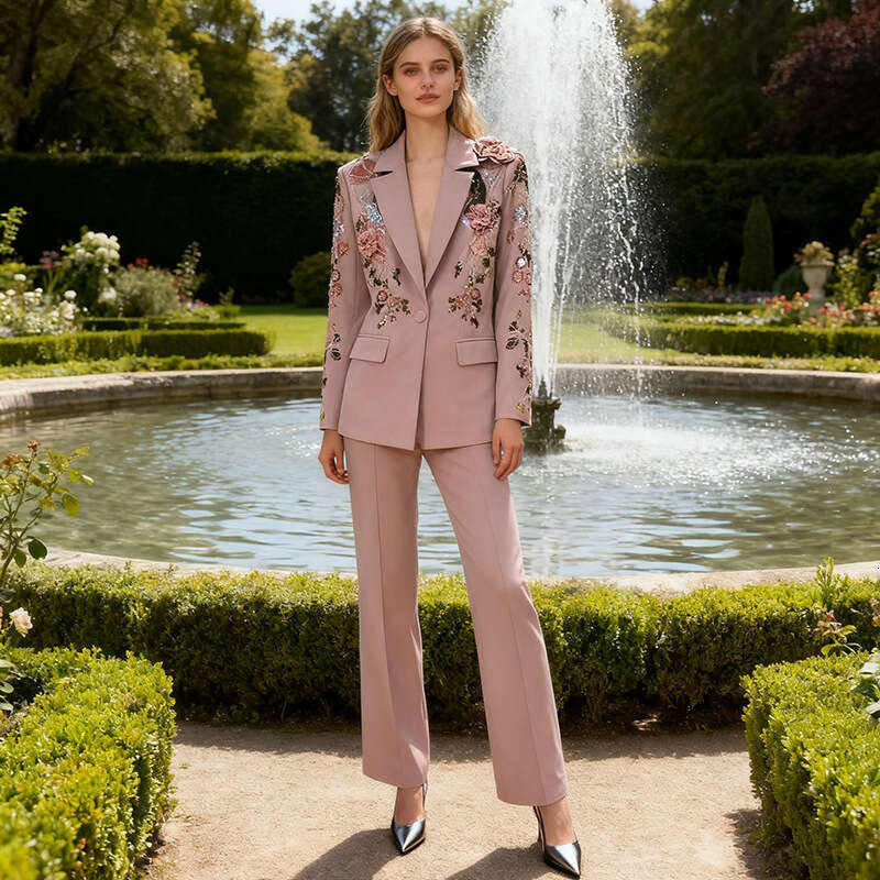 French Style Beaded Floral Long Sleeve Suit Set Spring New Model High End Waist Cinching Wide Leg Two Piece Set For Women