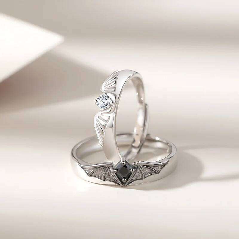 Luxury Romantic Angel Demon Couple Rings for Women Men Fashion Zircon Wings Design Adjustable Engagement Wedding Ring Jewelry W260311