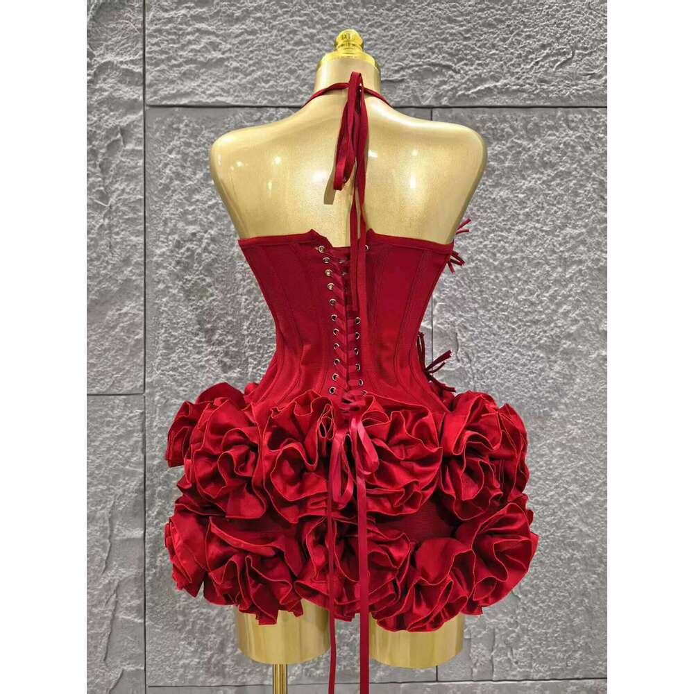 Red Color Women Sexy Halter Full Florals 2 Pieces Bodycon Mini Bandage Celebrate Nightclub Party Birthday Dress C260312