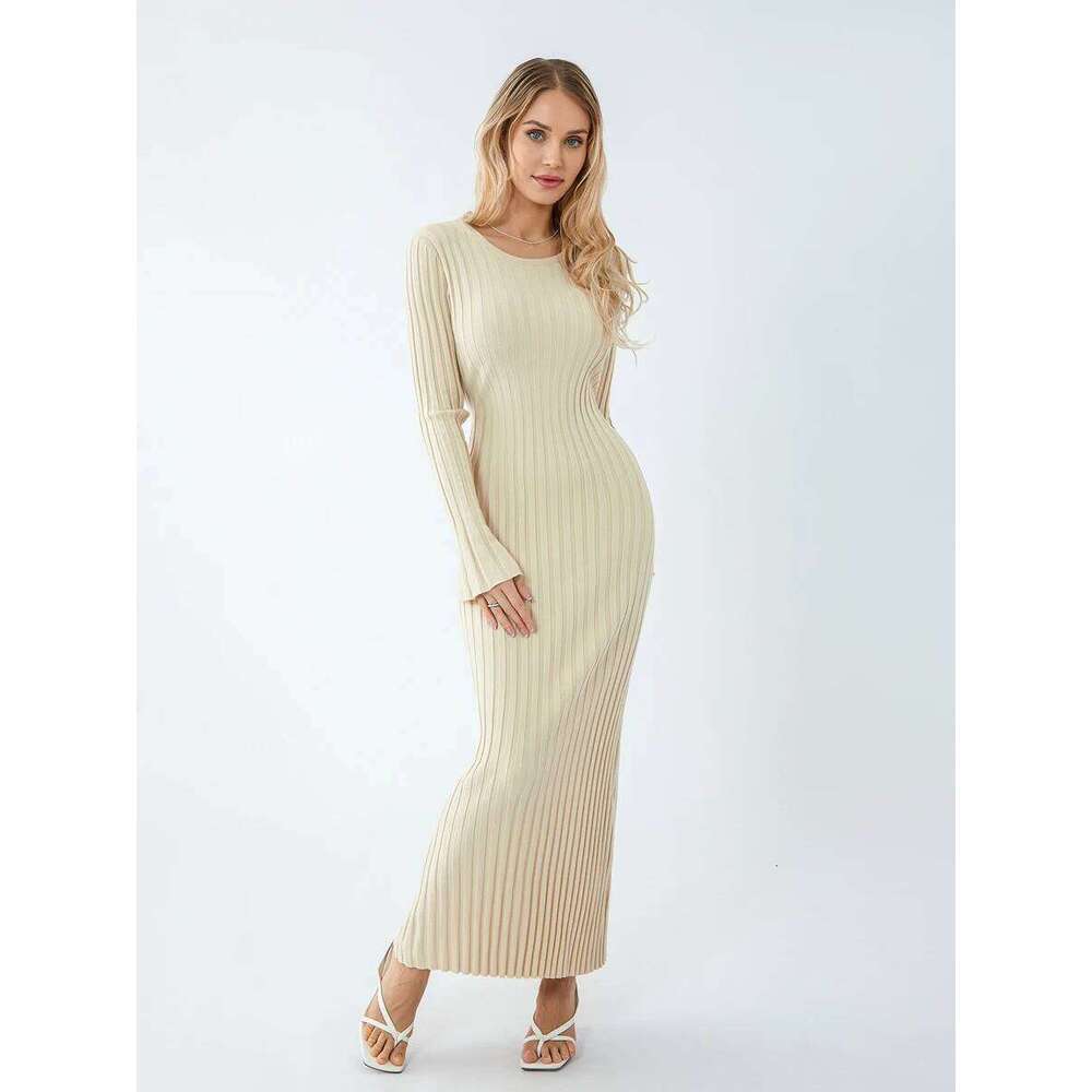 Women Spring Autumn Lace-up Knit Elegant Sleeve Crew Neck Ribbed Solid Color Long Dress Streetwear C260312