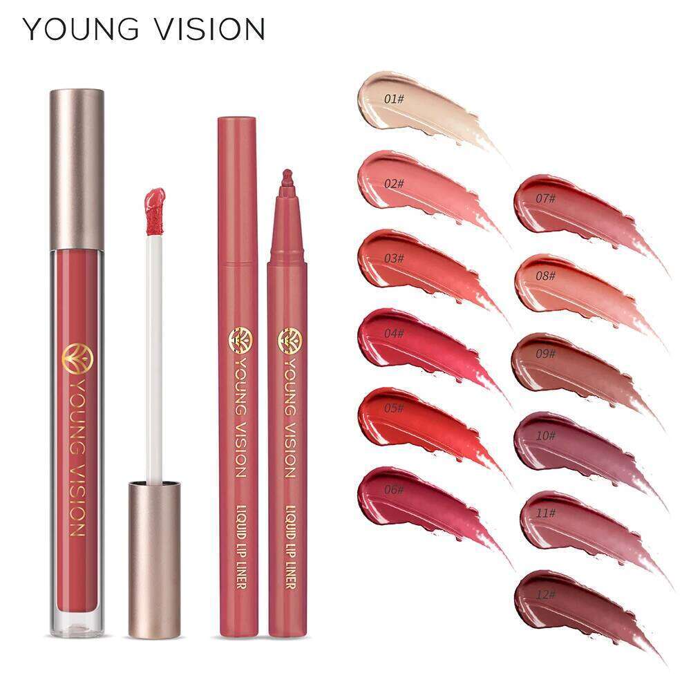 YOUNG VISION Glaze + set liquid Lip Liner Waterproof non-stick cup Moisturizing easy 12 color lip gloss W260311