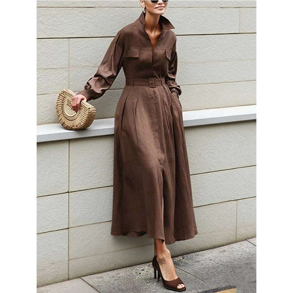 Gymystars Long Sleeve Woman Fall 2026 Lapel Shirt Dress Fashion Loose Pleated Belt Decoration Casual Button Maxi Dresses C260312