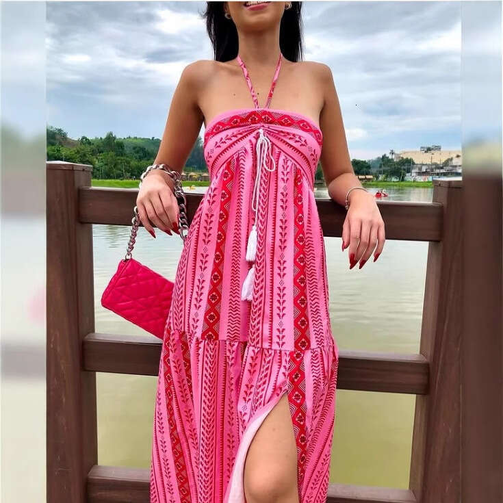 European and American Cross-Border Bohemian Women's Clothing Vacation Style Summer Fashion Slit Sexy Printed Tie Strap Tube Dress