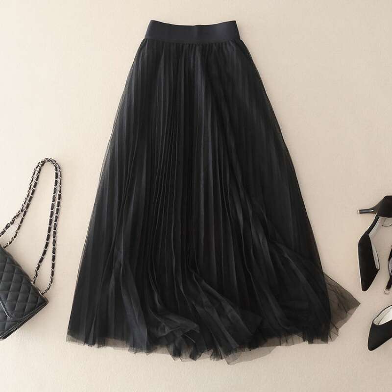 Pleated half-length A-line loose-fitting, large-hemmed, puffy mid-length plus-size mesh long skirt, all-season skirt