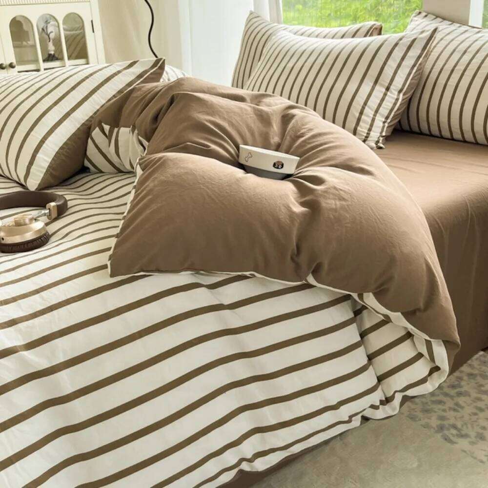 Striped Bedding Korean Style Duvet Cover Flat Sheets Single Twin Double Size Bed Linen Set All Season Birthday Gift H260312