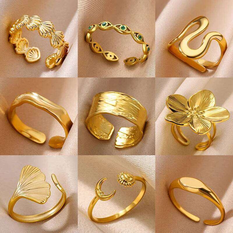 Minimalist Texture Stainless Steel Geometric Rings For Women Gold Color Opening Couple Ring Aesthetic Wedding Christmas Jewelry H260312