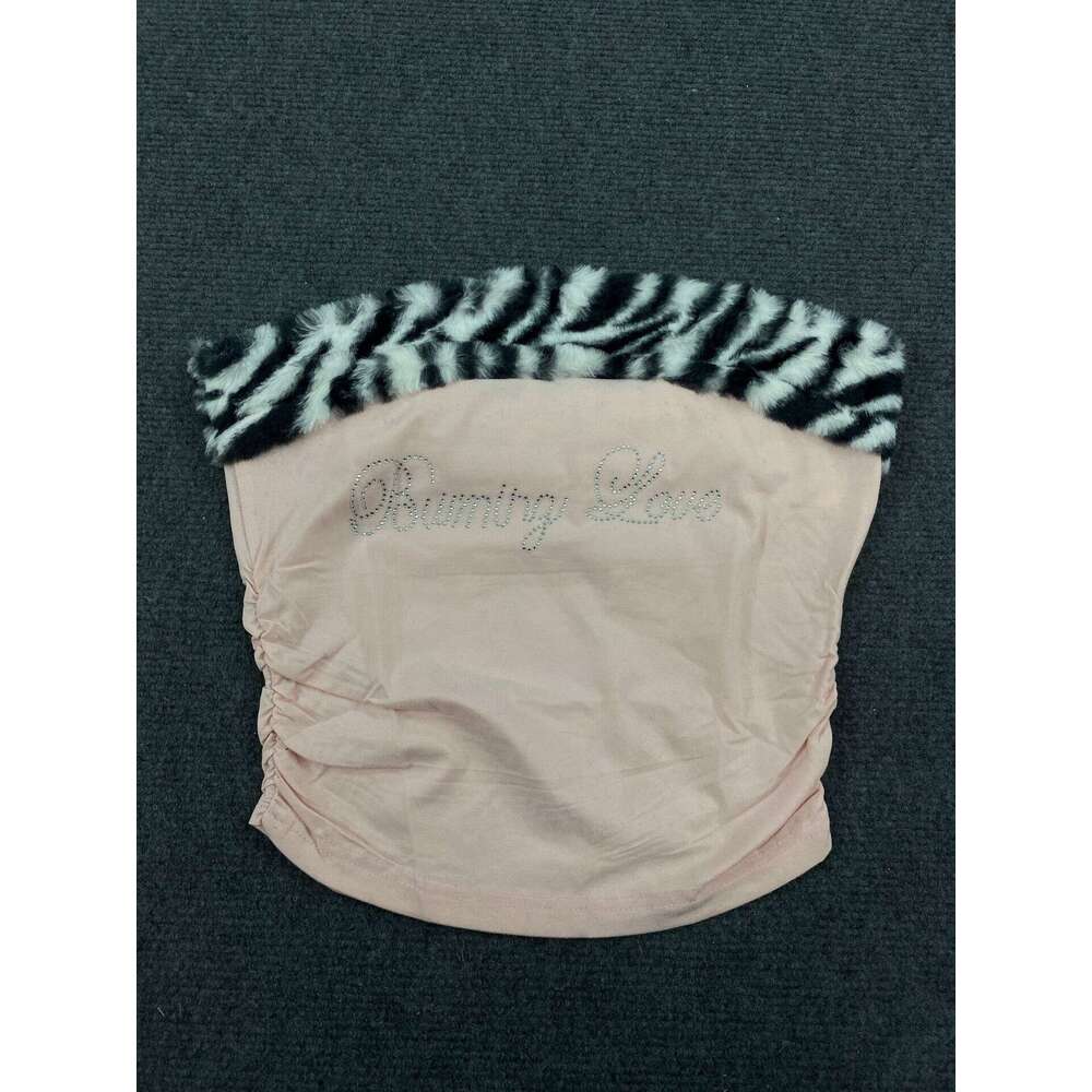 European American cross-border sweet and spicy design slim-fit tight plush leopard print patchwork cropped top for hot girls