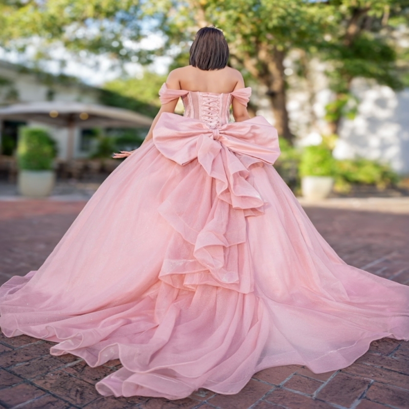 Light Pink Shiny Ball Gown Quinceanera Dresses 2026 Beading Bow Tull Corset Off Shoulder Sweet 16 Dress Vestidos De 15 Anos