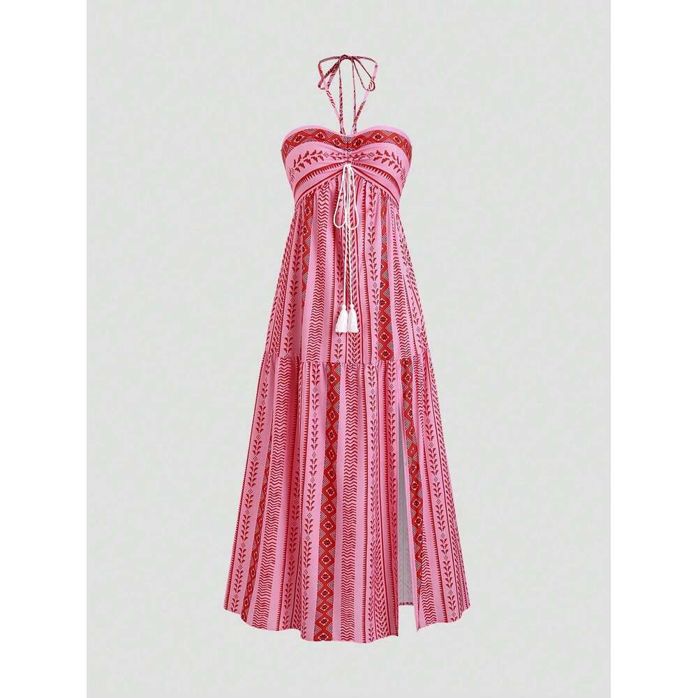European and American Cross-Border Bohemian Women's Clothing Vacation Style Summer Fashion Slit Sexy Printed Tie Strap Tube Dress