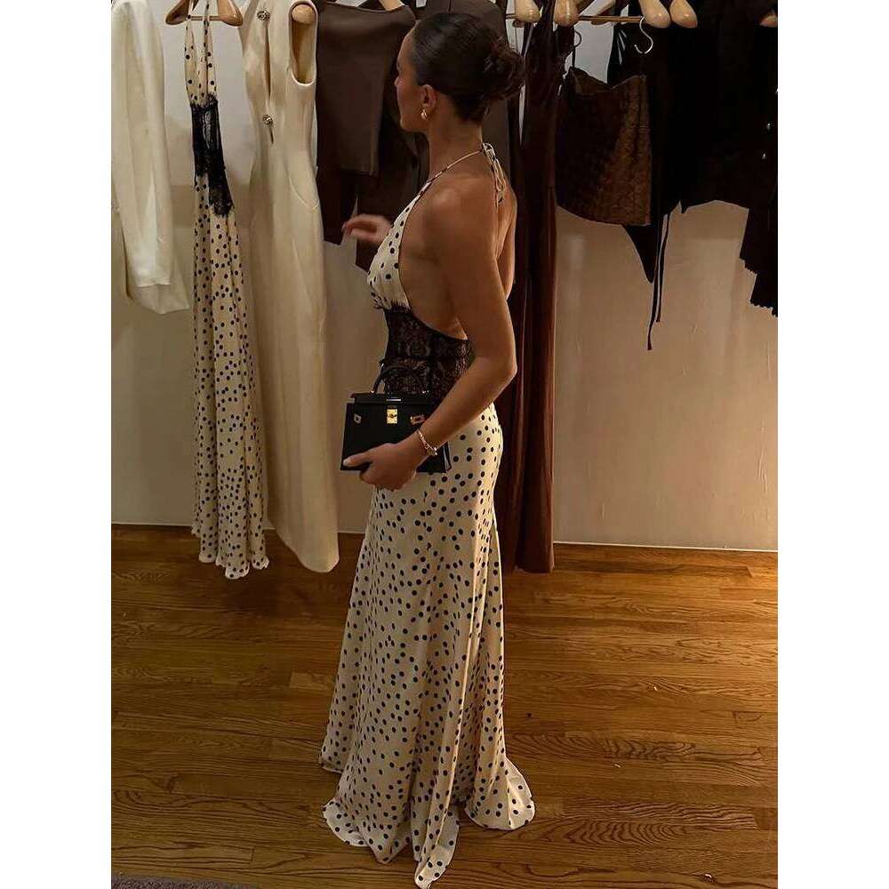 Mozision Polka Dot Backless Sexy Maxi Women Gown Elegant Patchwork Lace Halter Deep V Neck Sleeveless Bodycon Club Dress C260312