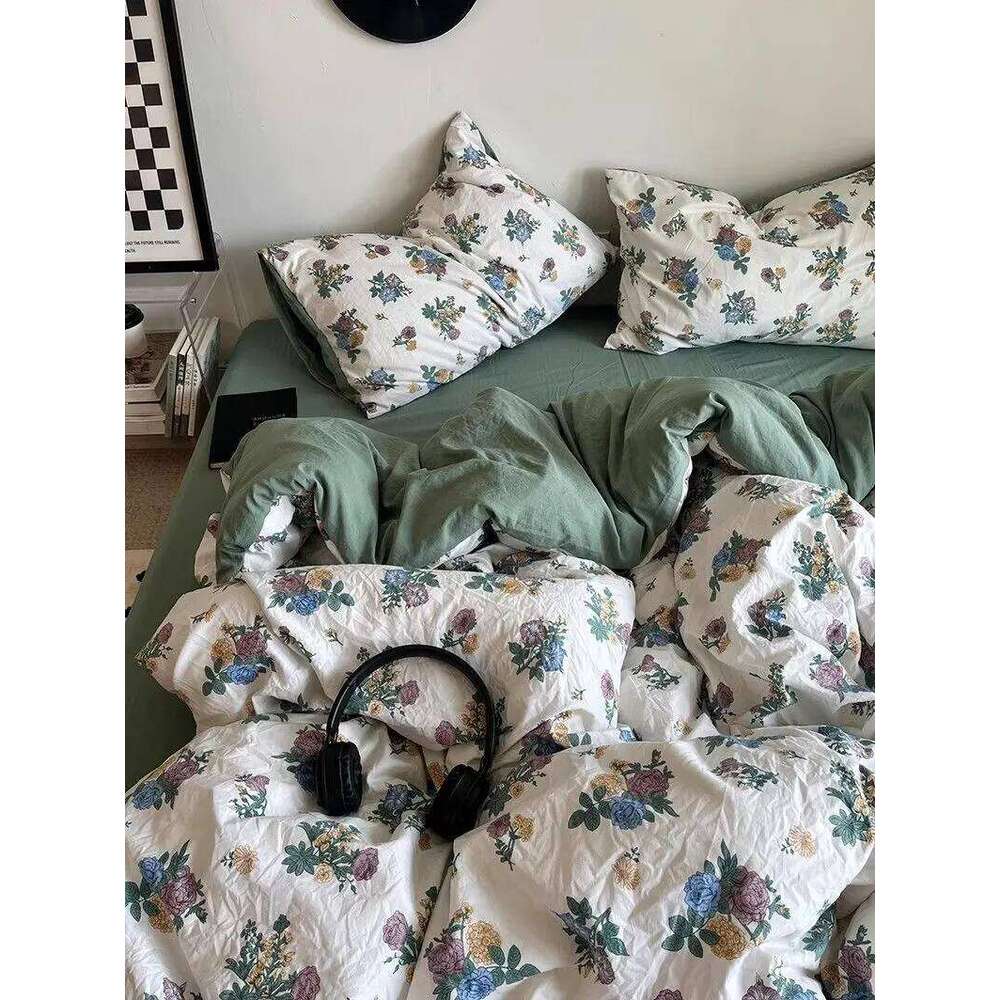 Korean Style Ins Retro Fresh Floral Washed Cotton Four Duvet Set, Student Dormitory Bed Sheet Three Piece Set H260312
