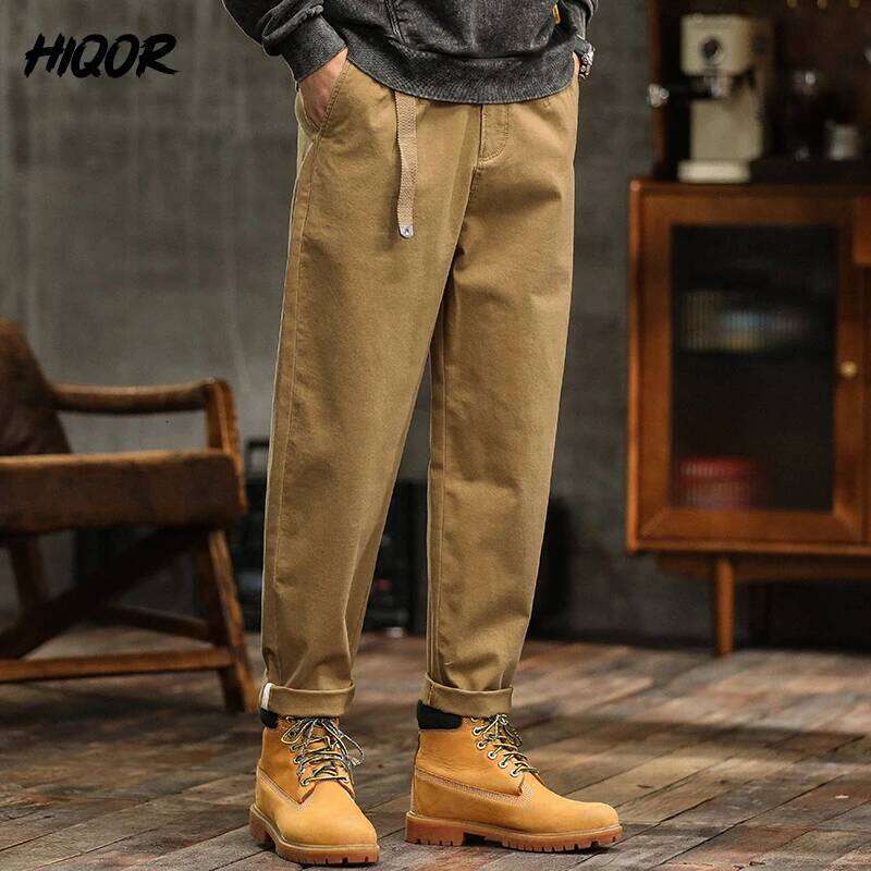 HIQOR High Quality Man Retro Cargo Pants Cotton Men's Casual Loose Fit Slimming Japanese Outdoor Workwear Khaki Long Trousers