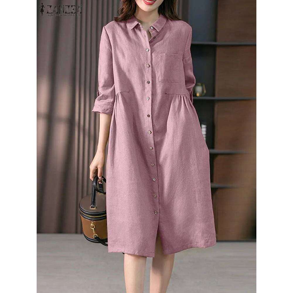 2024 Spring Causal Shirt Dress Women Long Sleeve Solid Dresses ZANZEA Fashion Lapel Neck Midi Vestidos Holiday Sundress Oversize C260312
