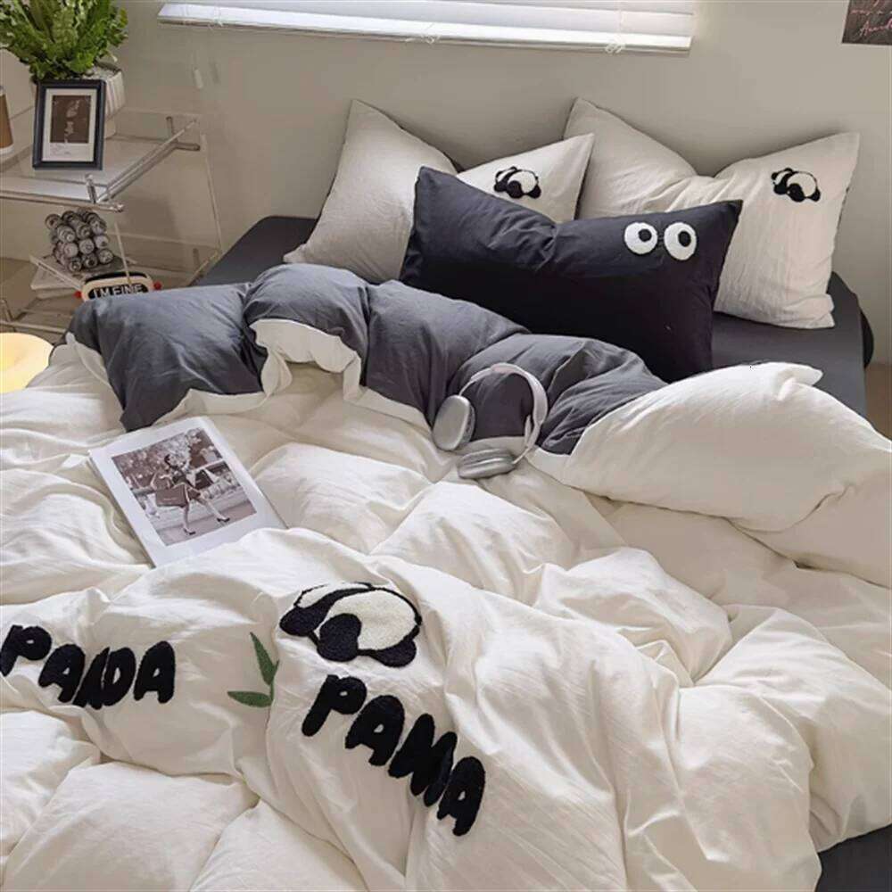 Washed Panda Thickened Woolen Beddinng Non All Cotton Quilt Cover Set Bedding Products Bed Sheet H260312