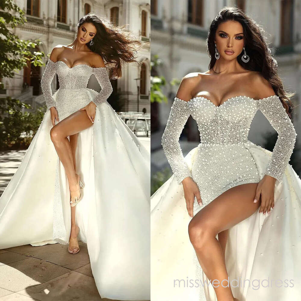 Fashion Pearls Mermaid Wedding Off Shoulder Bridal Gowns with Overskirts Side Split Custom Made Illusion Bride Dresses