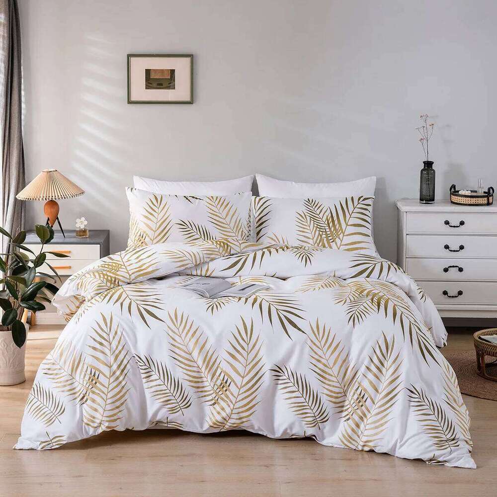 Golden Light Shining Green Leaves Tropical Cover King Queen Double Full Twin Single Size Bed Linen Set H260312