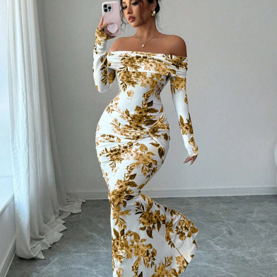 Best-selling in Europe America, 2026 autumn new printed long dress, elegant and slim-fitting, off-shoulder long-sleeve dress for women