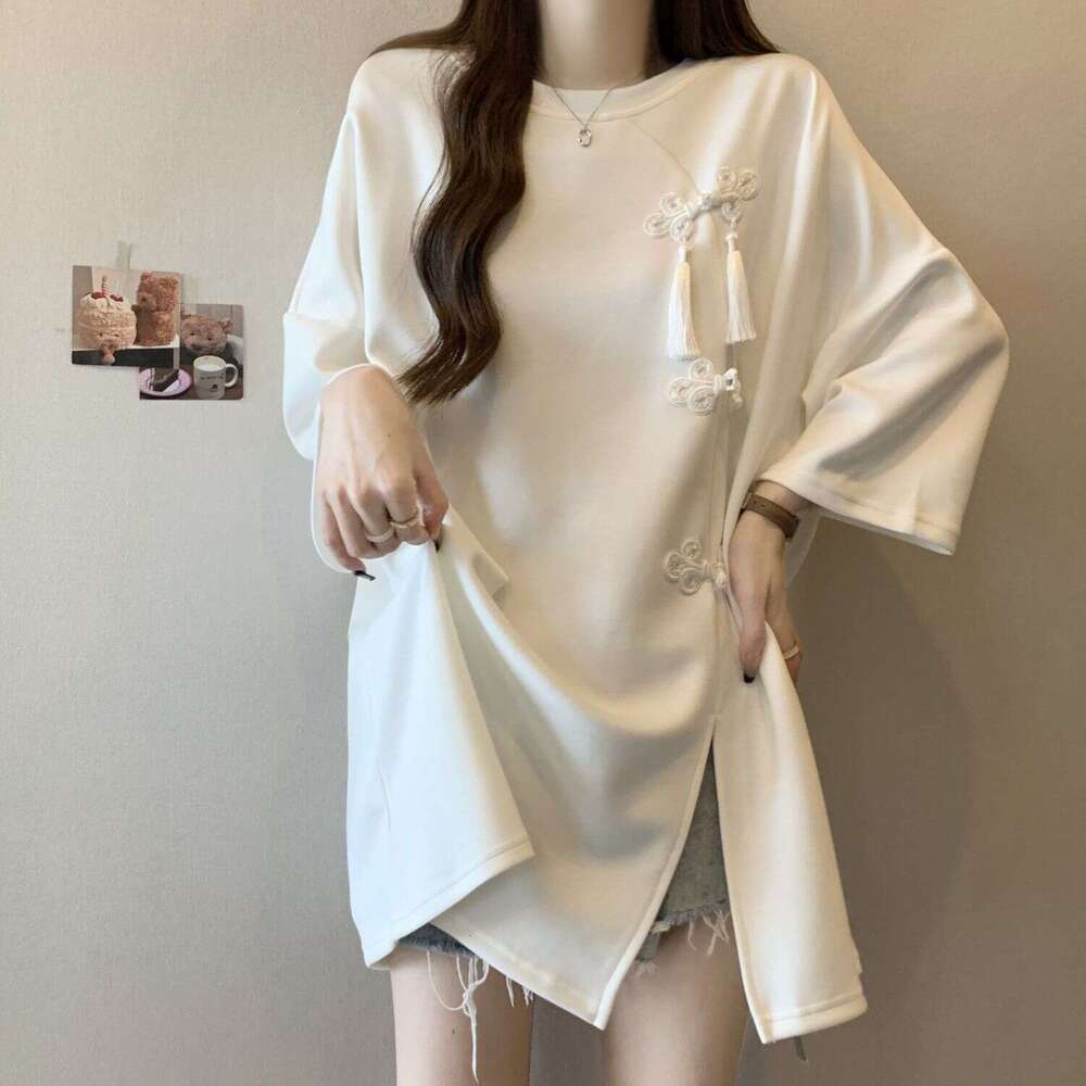 Heavy-Duty Chinese-Style Buttoned Slit Short-Sleeve T-Shirt For Women, 2025 Summer New Style, Loose Fit, Slimming, Extra Large Size 150Kg Top Asia Siz