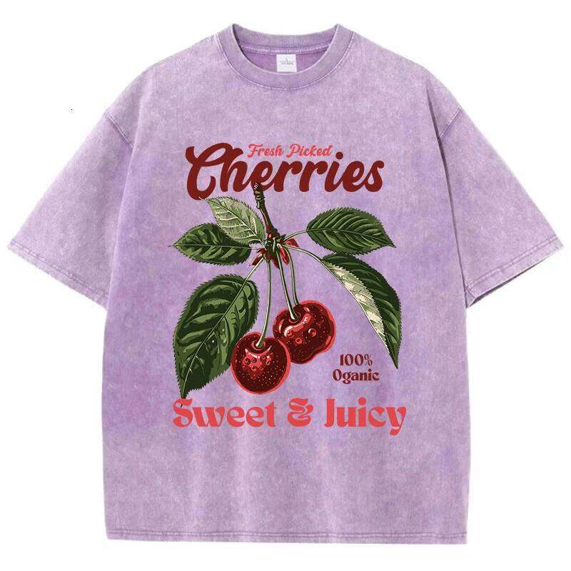 Fresh Picked Cherries Cottonwashed T Shirts Women Sweet Fruit Print T-Shirt Distressed Oversize O-Neck Tops Street Woman Clothes Z260312