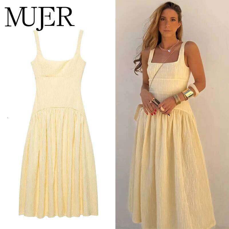MUJER 2025 Pleated Long Woman Yellow Slip Midi Sexy Backless Dresses for Women Chic Beach Women's Summer Dress C260312
