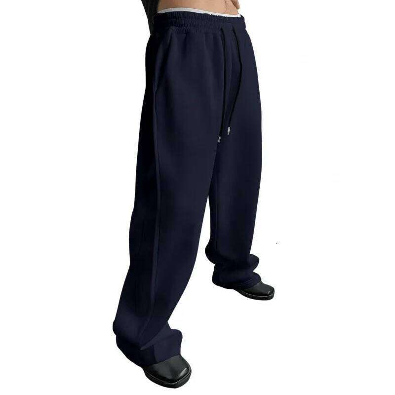 Men's Solid Color Sanitary Pants 2025 Drawstring Waist Straight Wide Leg Loose Fit with Pockets Versatile Sports Trousers